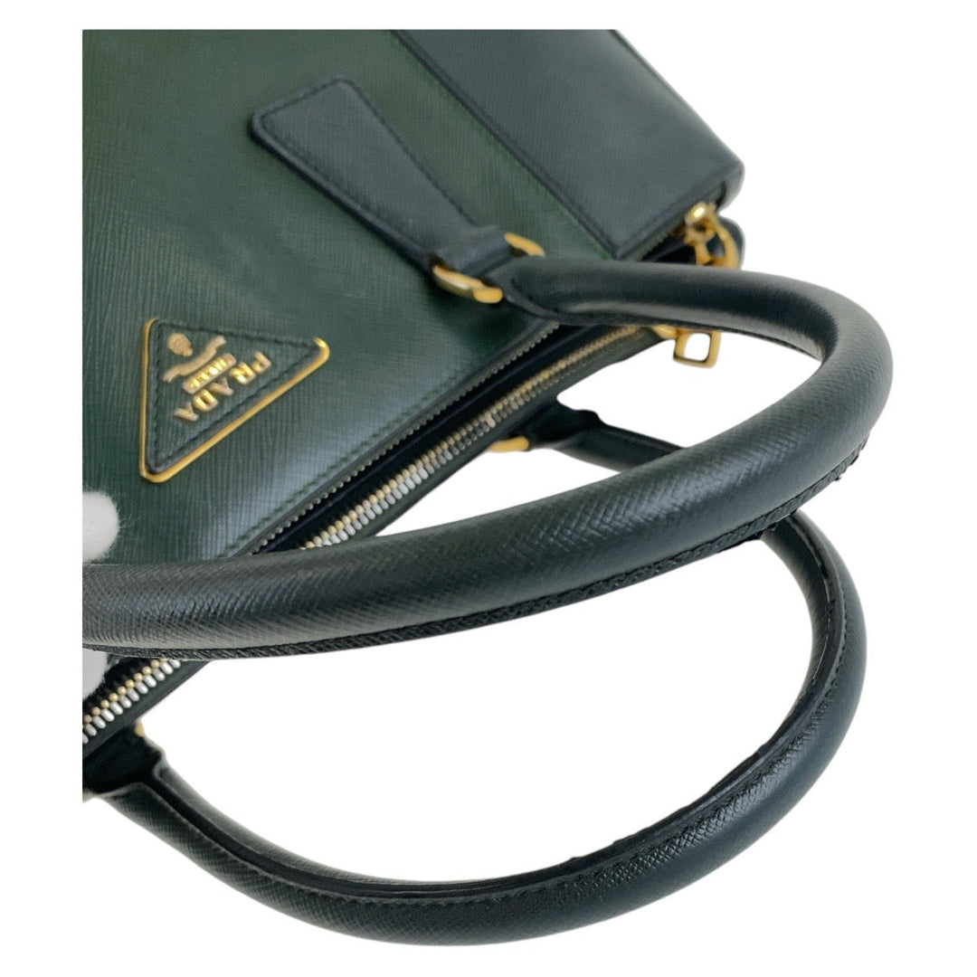 PRADA Tote Bag leather Green GoldMetal Tote Bag Handbag Shoulder Bag 2way Safiano Triangle With logo Women Used Authentic