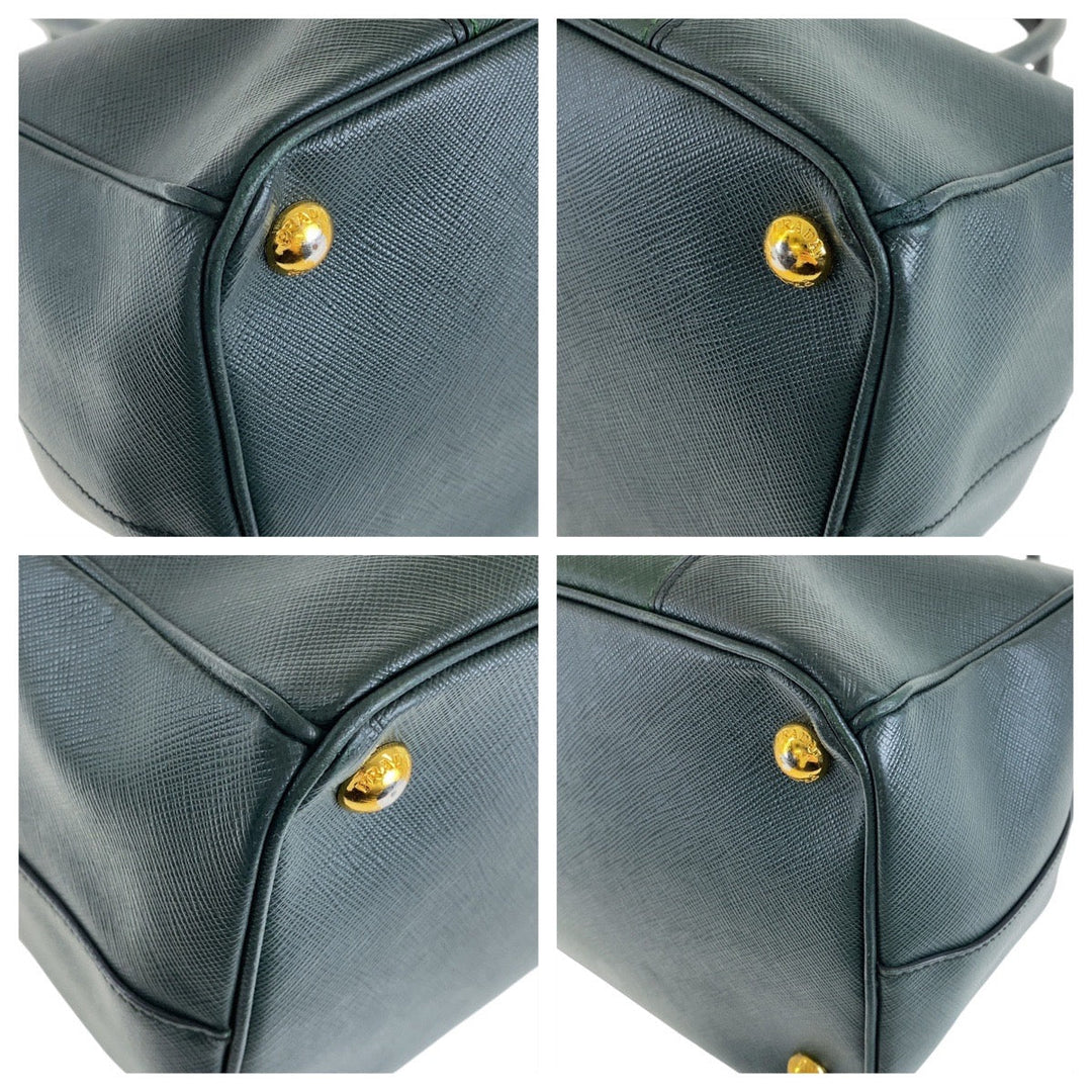 PRADA Tote Bag leather Green GoldMetal Tote Bag Handbag Shoulder Bag 2way Safiano Triangle With logo Women Used Authentic
