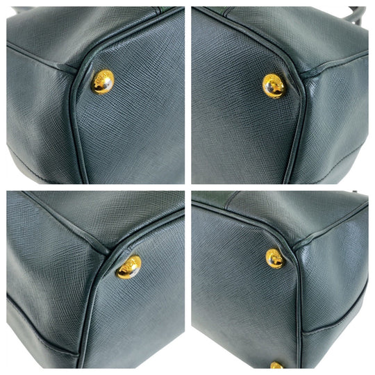 PRADA Tote Bag leather Green GoldMetal Tote Bag Handbag Shoulder Bag 2way Safiano Triangle With logo Women Used Authentic
