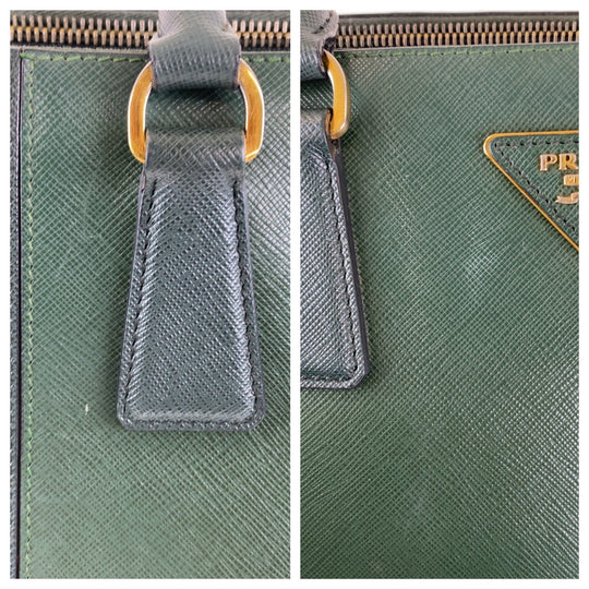 PRADA Tote Bag leather Green GoldMetal Tote Bag Handbag Shoulder Bag 2way Safiano Triangle With logo Women Used Authentic