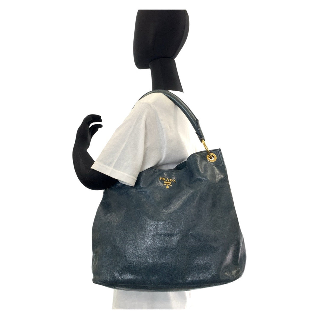 PRADA Shoulder Bag leather Blue Green Gold Metal Hobo Shoulder Bag Handbag Women Used Authentic