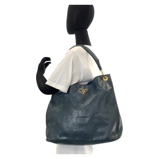 PRADA Shoulder Bag leather Blue Green Gold Metal Hobo Shoulder Bag Handbag Women Used Authentic