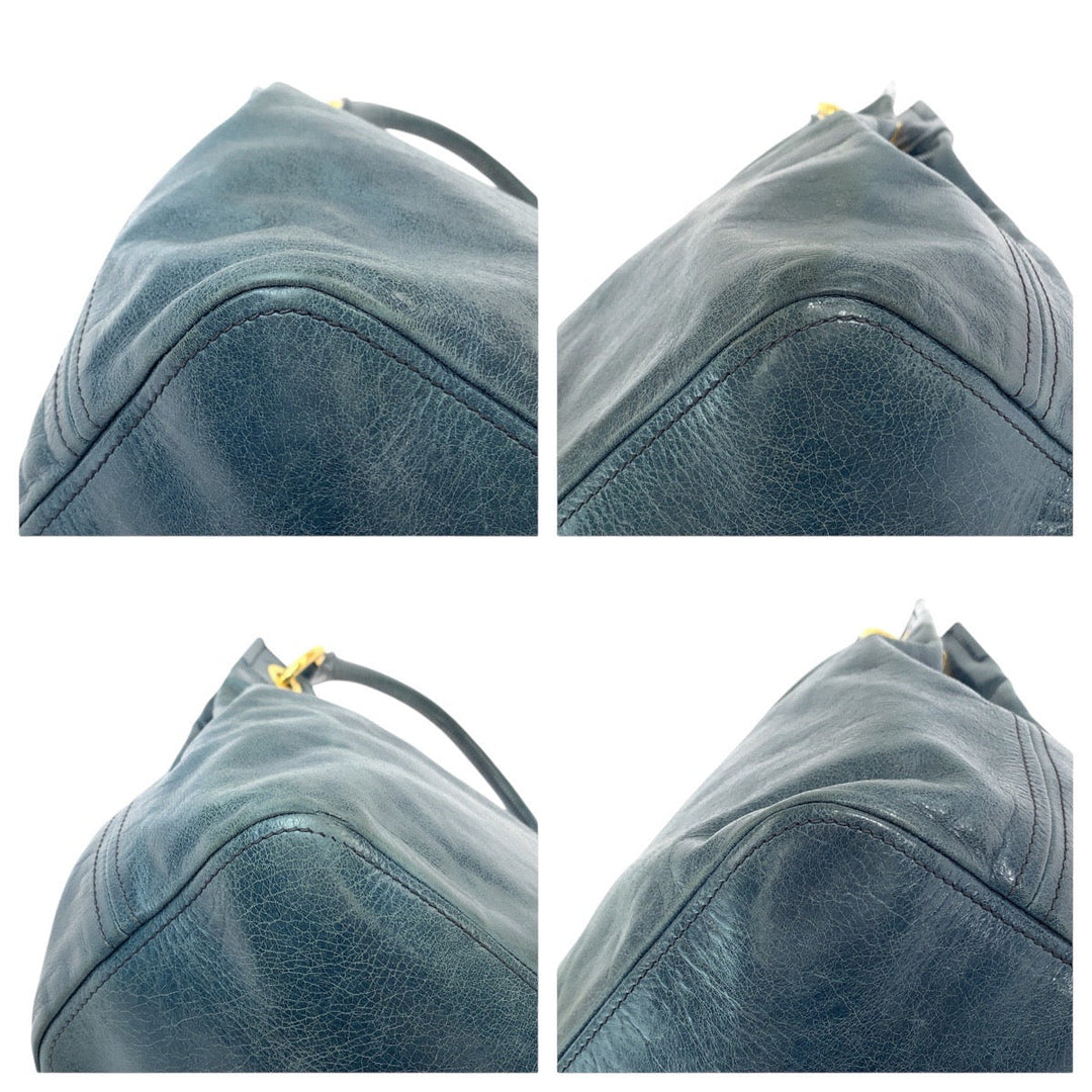 PRADA Shoulder Bag leather Blue Green Gold Metal Hobo Shoulder Bag Handbag Women Used Authentic
