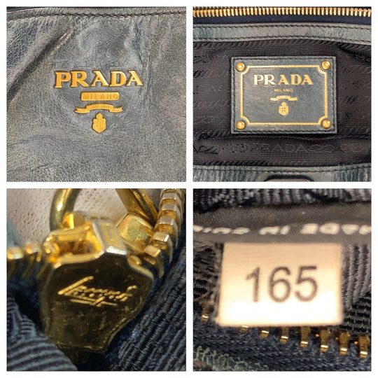 PRADA Shoulder Bag leather Blue Green Gold Metal Hobo Shoulder Bag Handbag Women Used Authentic