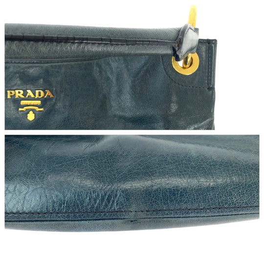 PRADA Shoulder Bag leather Blue Green Gold Metal Hobo Shoulder Bag Handbag Women Used Authentic