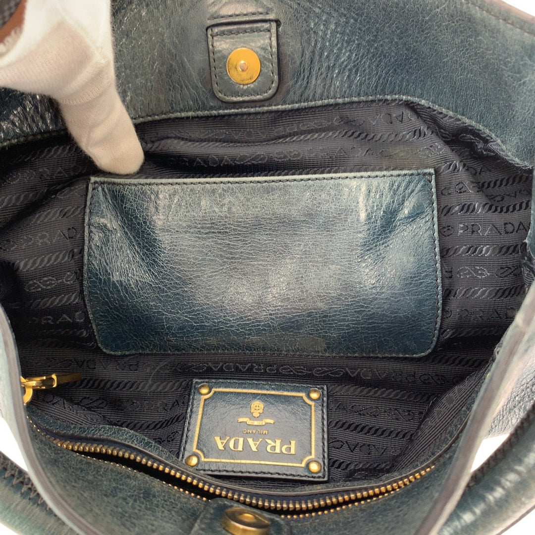 PRADA Shoulder Bag leather Blue Green Gold Metal Hobo Shoulder Bag Handbag Women Used Authentic