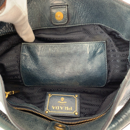 PRADA Shoulder Bag leather Blue Green Gold Metal Hobo Shoulder Bag Handbag Women Used Authentic
