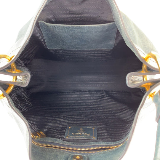 PRADA Shoulder Bag leather Blue Green Gold Metal Hobo Shoulder Bag Handbag Women Used Authentic