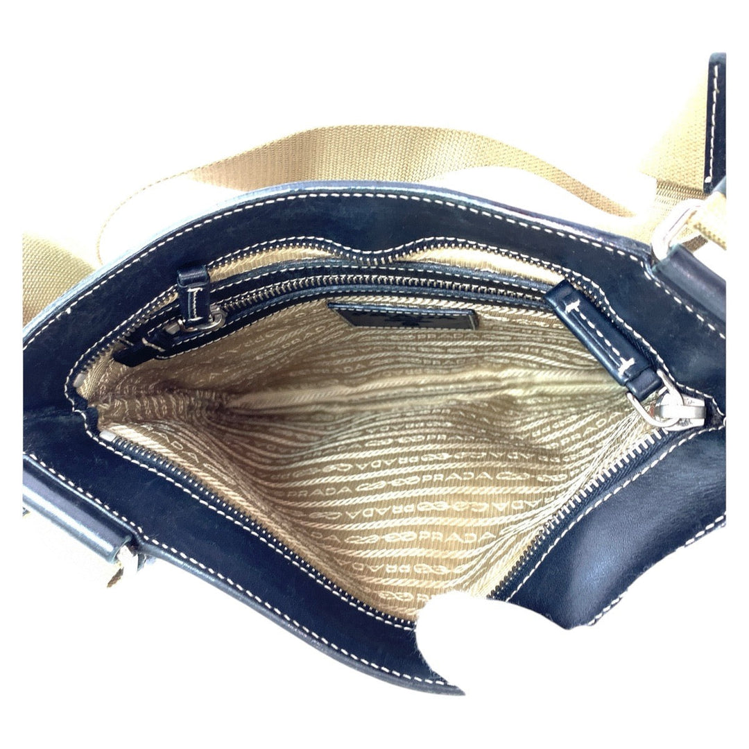 PRADA Shoulder Bag Canvas, Leather Beige Black SilverMetal Crossbody Shoulder Bag Logo jacquard Women Used Authentic
