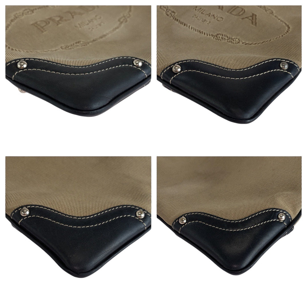 PRADA Shoulder Bag Canvas, Leather Beige Black SilverMetal Crossbody Shoulder Bag Logo jacquard Women Used Authentic