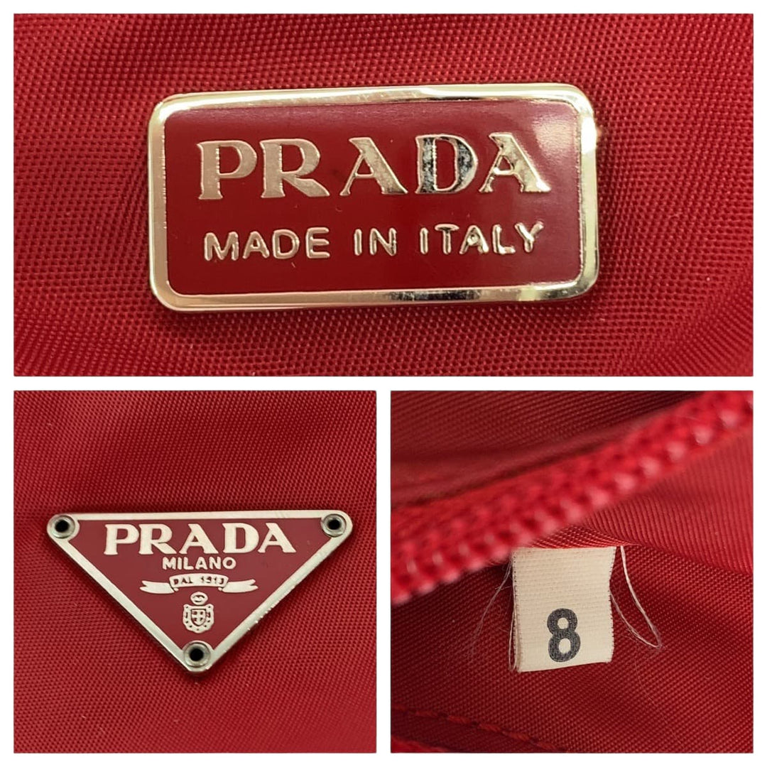 PRADA Handbag MV515 Nylon Red Silver Metal Handbag accessory pouch Tessuto Hobo Triangle With logo Women Used Authentic