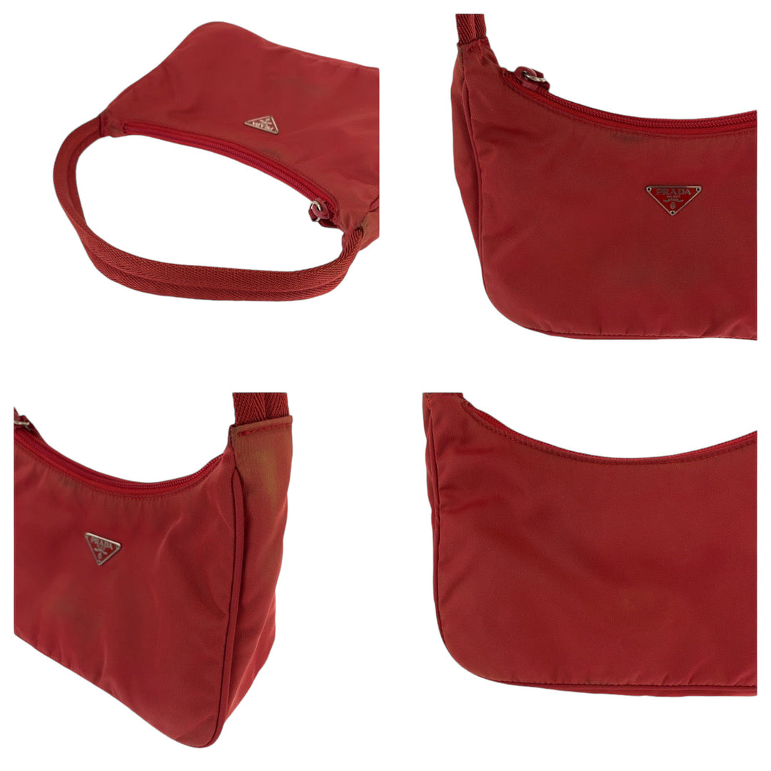 PRADA Handbag MV515 Nylon Red Silver Metal Handbag accessory pouch Tessuto Hobo Triangle With logo Women Used Authentic