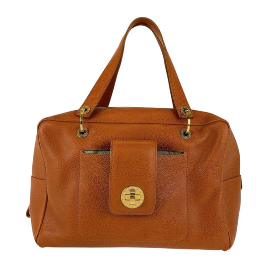 BVLGARI Handbag leather Brown Gold Metal Handbag Boston Duffel bag BVLGARI BVLGARI TURNLOCK Women Used Authentic
