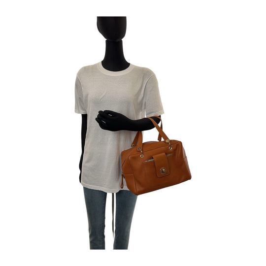 BVLGARI Handbag leather Brown Gold Metal Handbag Boston Duffel bag BVLGARI BVLGARI TURNLOCK Women Used Authentic