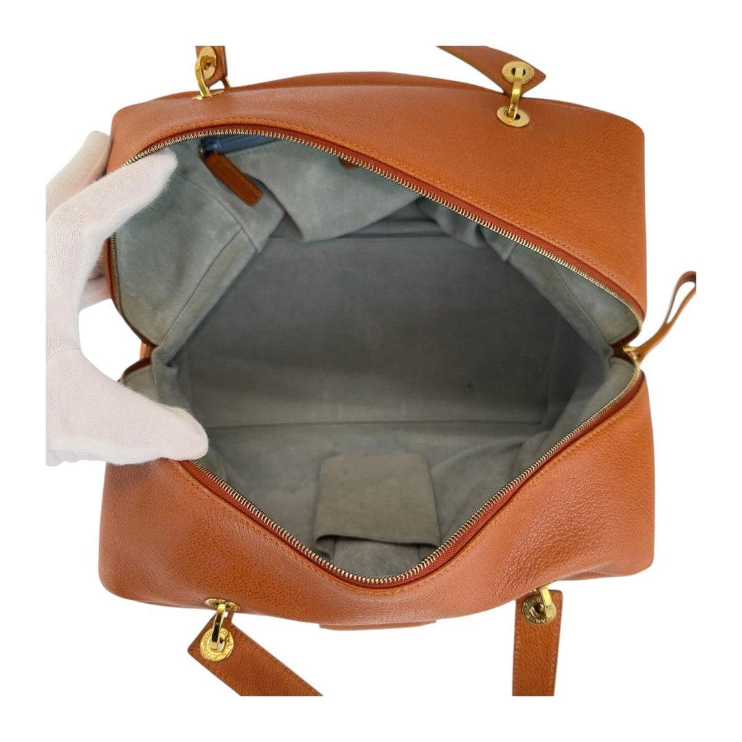 BVLGARI Handbag leather Brown Gold Metal Handbag Boston Duffel bag BVLGARI BVLGARI TURNLOCK Women Used Authentic
