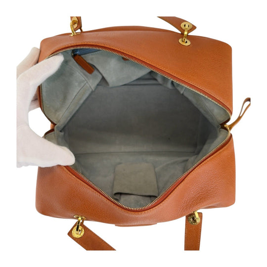 BVLGARI Handbag leather Brown Gold Metal Handbag Boston Duffel bag BVLGARI BVLGARI TURNLOCK Women Used Authentic