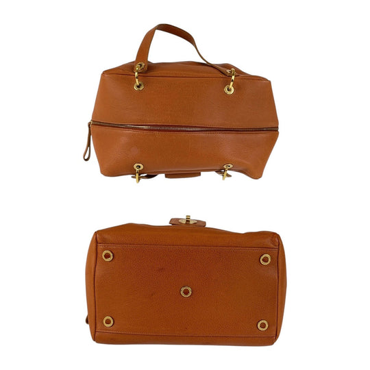 BVLGARI Handbag leather Brown Gold Metal Handbag Boston Duffel bag BVLGARI BVLGARI TURNLOCK Women Used Authentic
