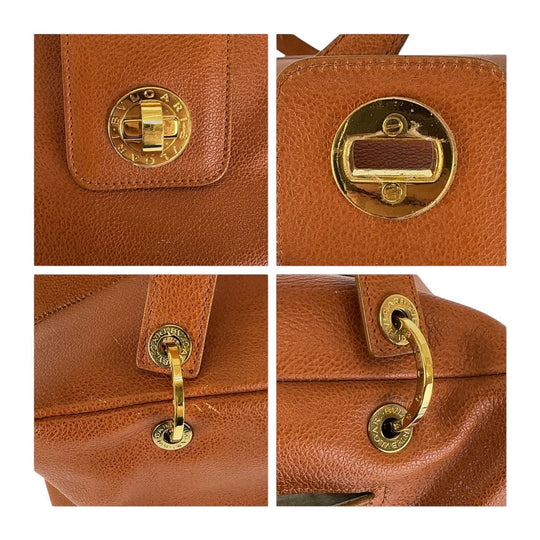 BVLGARI Handbag leather Brown Gold Metal Handbag Boston Duffel bag BVLGARI BVLGARI TURNLOCK Women Used Authentic
