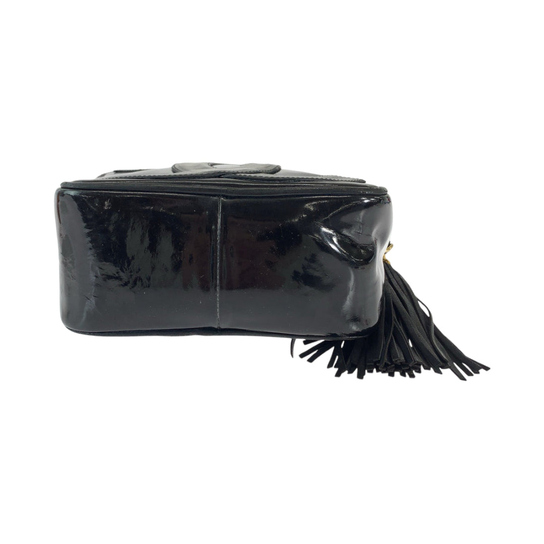 CHANEL Shoulder Bag Patent leather Black Gold Metal ChainShoulder Bag Pochette Camera Bag Big COCO Mark Tassel Fringe Women Used Authentic
