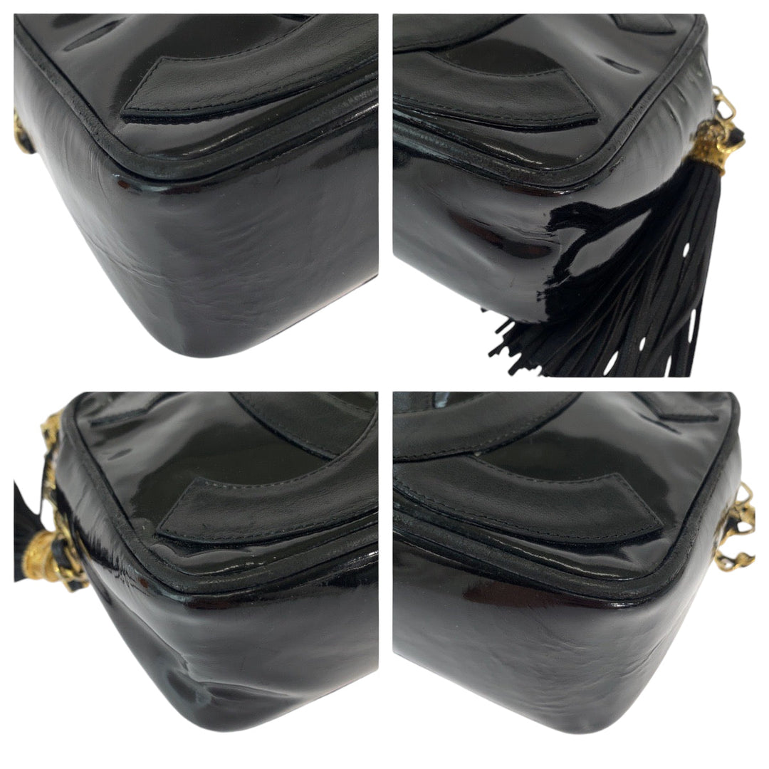 CHANEL Shoulder Bag Patent leather Black Gold Metal ChainShoulder Bag Pochette Camera Bag Big COCO Mark Tassel Fringe Women Used Authentic