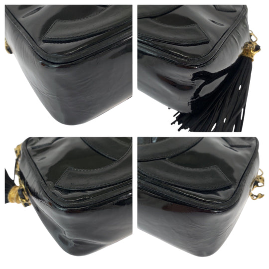 CHANEL Shoulder Bag Patent leather Black Gold Metal ChainShoulder Bag Pochette Camera Bag Big COCO Mark Tassel Fringe Women Used Authentic