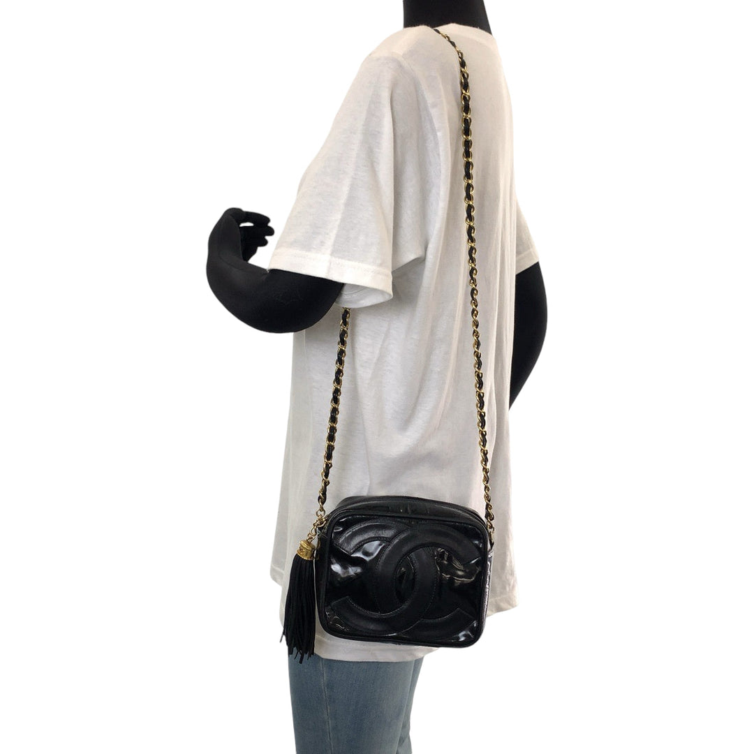 CHANEL Shoulder Bag Patent leather Black Gold Metal ChainShoulder Bag Pochette Camera Bag Big COCO Mark Tassel Fringe Women Used Authentic