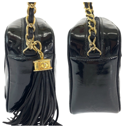 CHANEL Shoulder Bag Patent leather Black Gold Metal ChainShoulder Bag Pochette Camera Bag Big COCO Mark Tassel Fringe Women Used Authentic