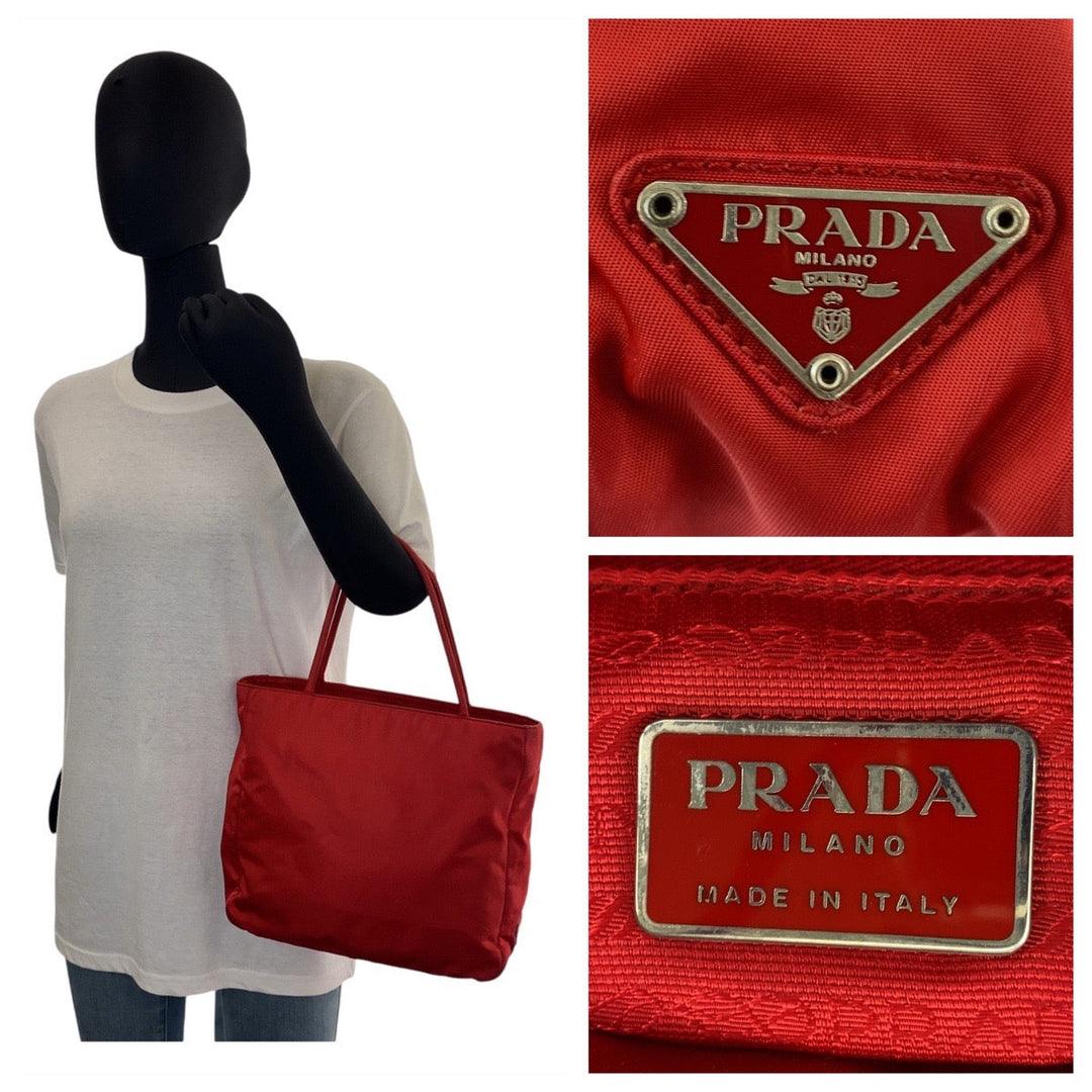 PRADA Tote Bag Nylon Red Tote Bag handbag Test Triangle With logo Women Used Authentic