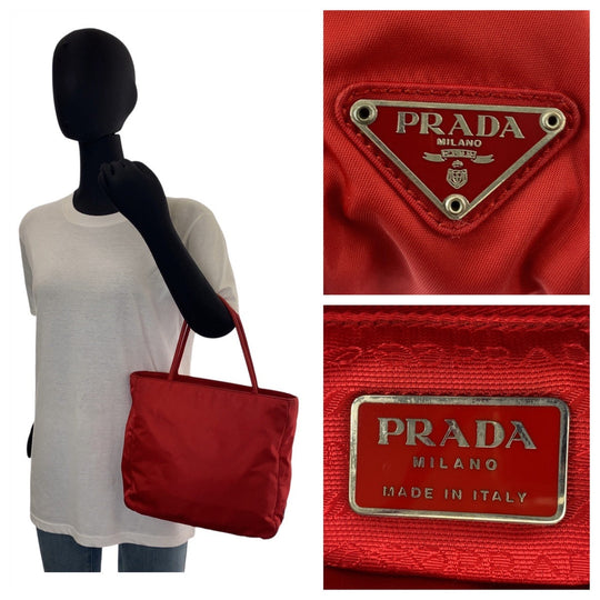 PRADA Tote Bag Nylon Red Tote Bag handbag Test Triangle With logo Women Used Authentic