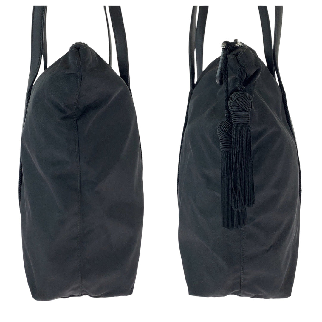 PRADA Tote Bag BR3920 Nylon Black SilverMetal Tote Bag Shoulder Bag Test Triangle With logo Fringe Women Used Authentic