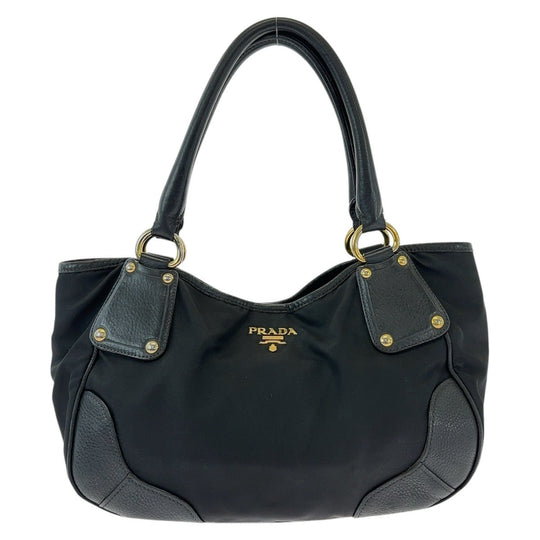 PRADA Tote Bag Nylon, Leather Black GoldMetal Tote Bag Shoulder Bag Handbag Women Used Authentic