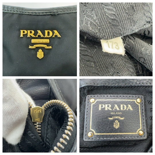 PRADA Tote Bag Nylon, Leather Black GoldMetal Tote Bag Shoulder Bag Handbag Women Used Authentic
