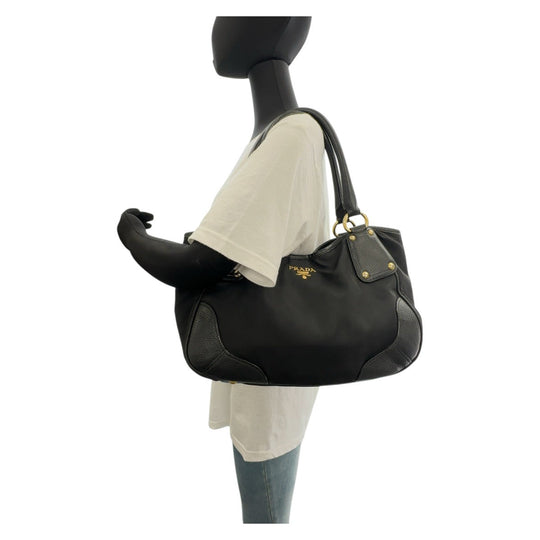 PRADA Tote Bag Nylon, Leather Black GoldMetal Tote Bag Shoulder Bag Handbag Women Used Authentic