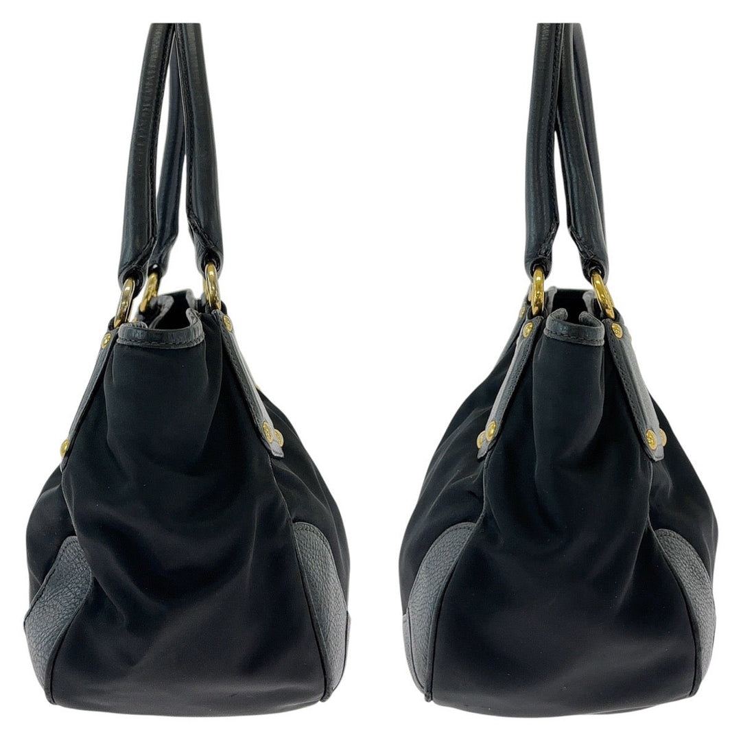 PRADA Tote Bag Nylon, Leather Black GoldMetal Tote Bag Shoulder Bag Handbag Women Used Authentic