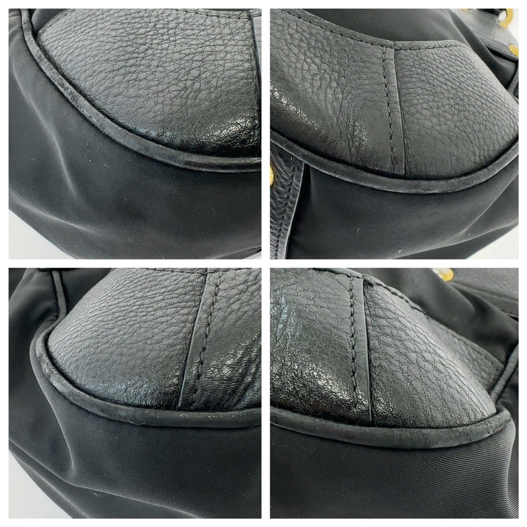 PRADA Tote Bag Nylon, Leather Black GoldMetal Tote Bag Shoulder Bag Handbag Women Used Authentic