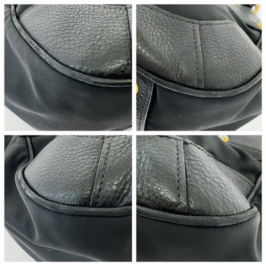 PRADA Tote Bag Nylon, Leather Black GoldMetal Tote Bag Shoulder Bag Handbag Women Used Authentic