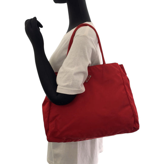PRADA Tote Bag B3864 Nylon Red Tote Bag Shoulder Bag Test Triangle With logo Women Used Authentic