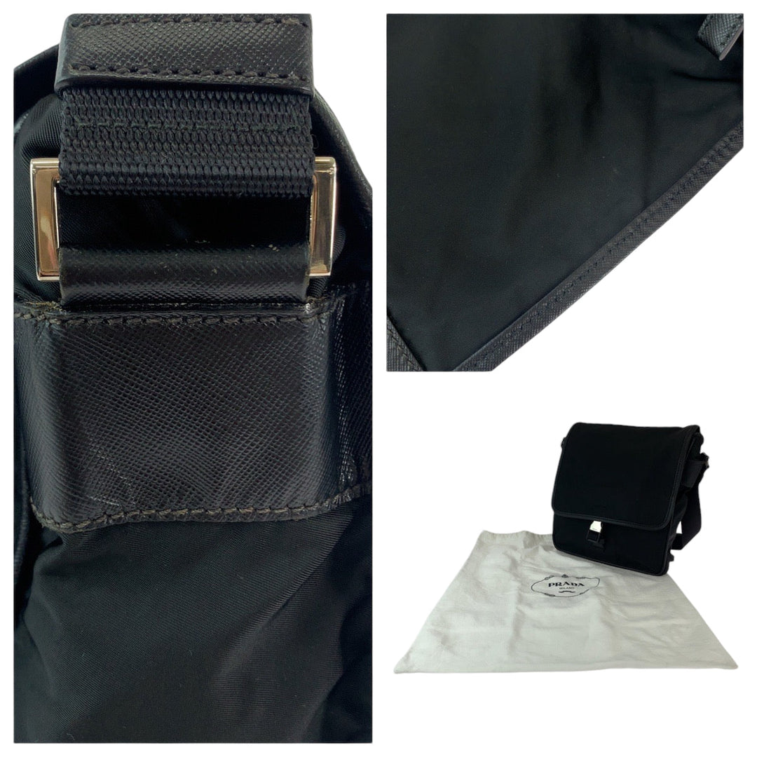 PRADA Shoulder Bag Nylon Black SilverMetal Shoulder Bag pochette Test Triangle With logo mens Used Authentic