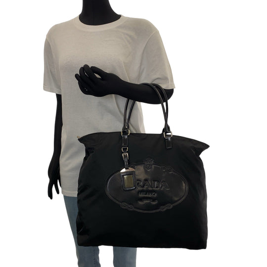 PRADA Tote Bag BN1105 Nylon Black SilverMetal Tote Bag Shoulder Bag 2way Test Logo embossed Women Used Authentic