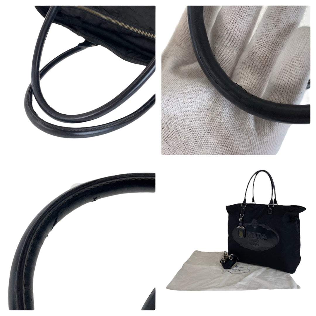 PRADA Tote Bag BN1105 Nylon Black SilverMetal Tote Bag Shoulder Bag 2way Test Logo embossed Women Used Authentic