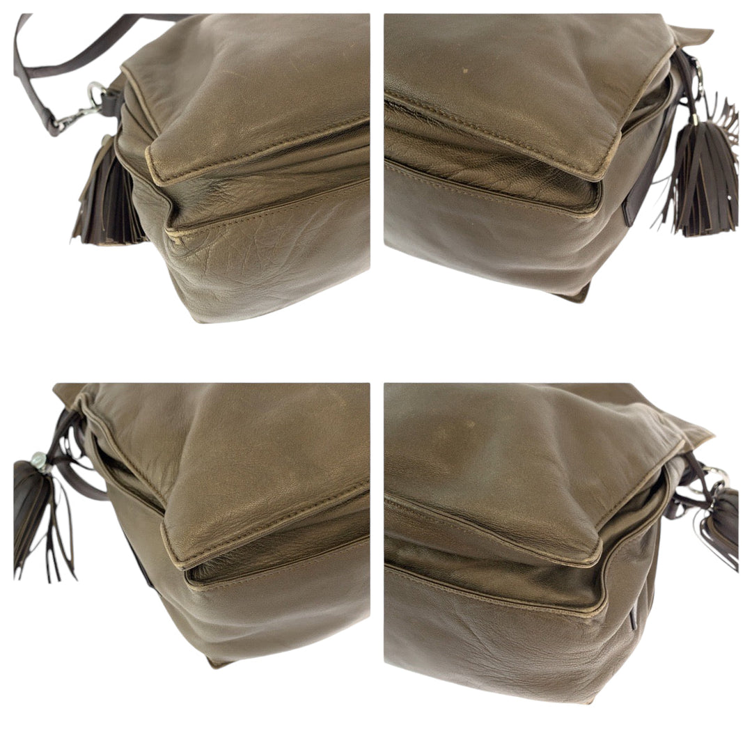LOEWE Shoulder Bag leather Brown Silver Metal Shoulder Bag Crossbody Pochette Flamenco Anag Lamb Women Used Authentic
