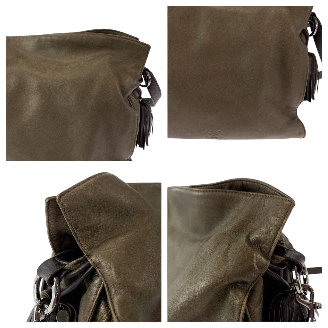 LOEWE Shoulder Bag leather Brown Silver Metal Shoulder Bag Crossbody Pochette Flamenco Anag Lamb Women Used Authentic