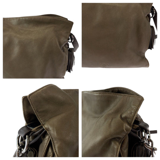 LOEWE Shoulder Bag leather Brown Silver Metal Shoulder Bag Crossbody Pochette Flamenco Anag Lamb Women Used Authentic