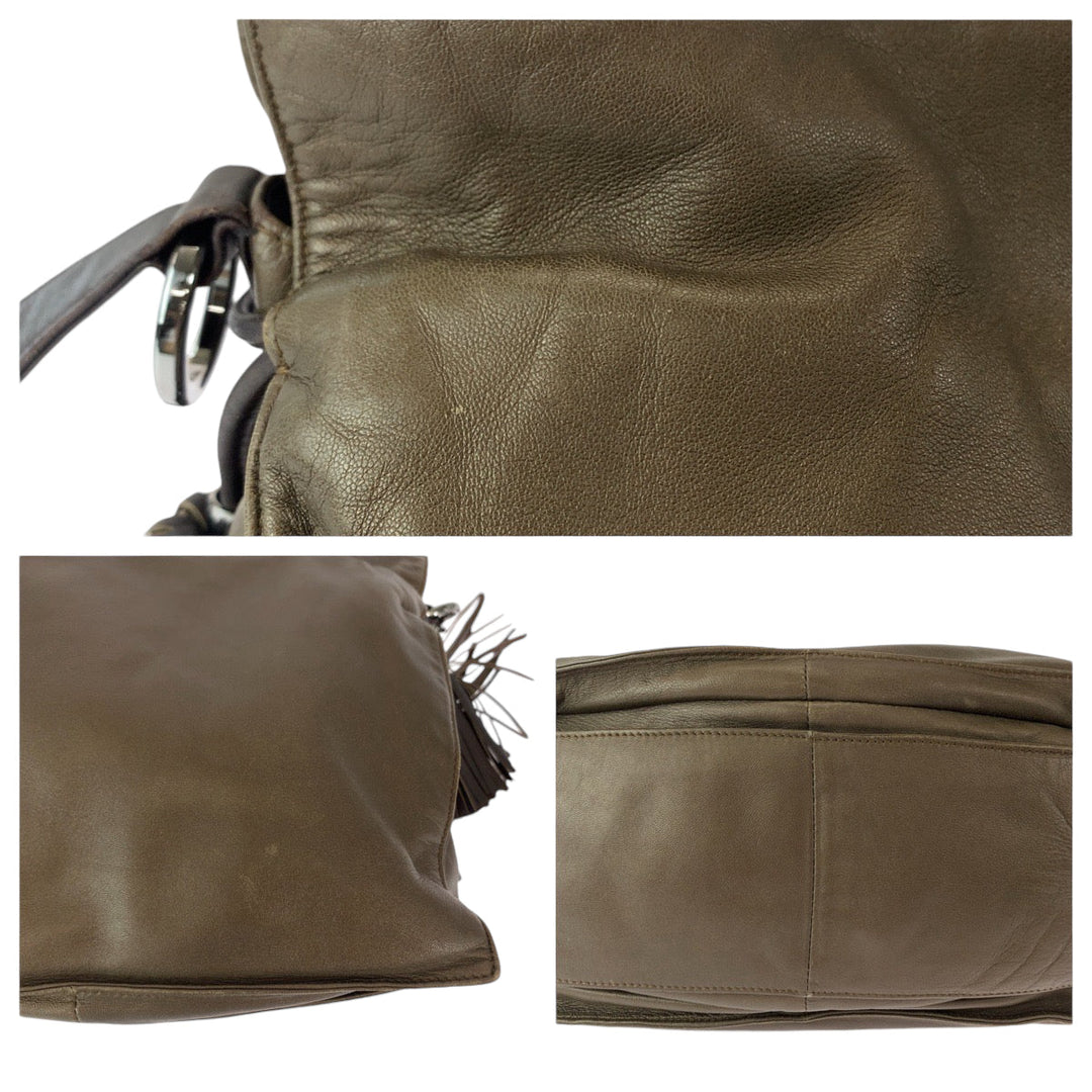 LOEWE Shoulder Bag leather Brown Silver Metal Shoulder Bag Crossbody Pochette Flamenco Anag Lamb Women Used Authentic