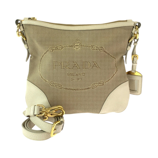 PRADA Shoulder Bag canvas Beige Ivory Gold Metal Shoulder Bag Messenger bag Logo jacquard Women Used Authentic