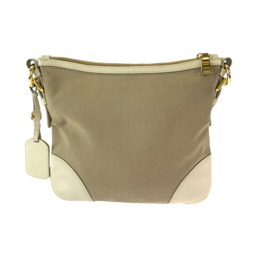 PRADA Shoulder Bag canvas Beige Ivory Gold Metal Shoulder Bag Messenger bag Logo jacquard Women Used Authentic