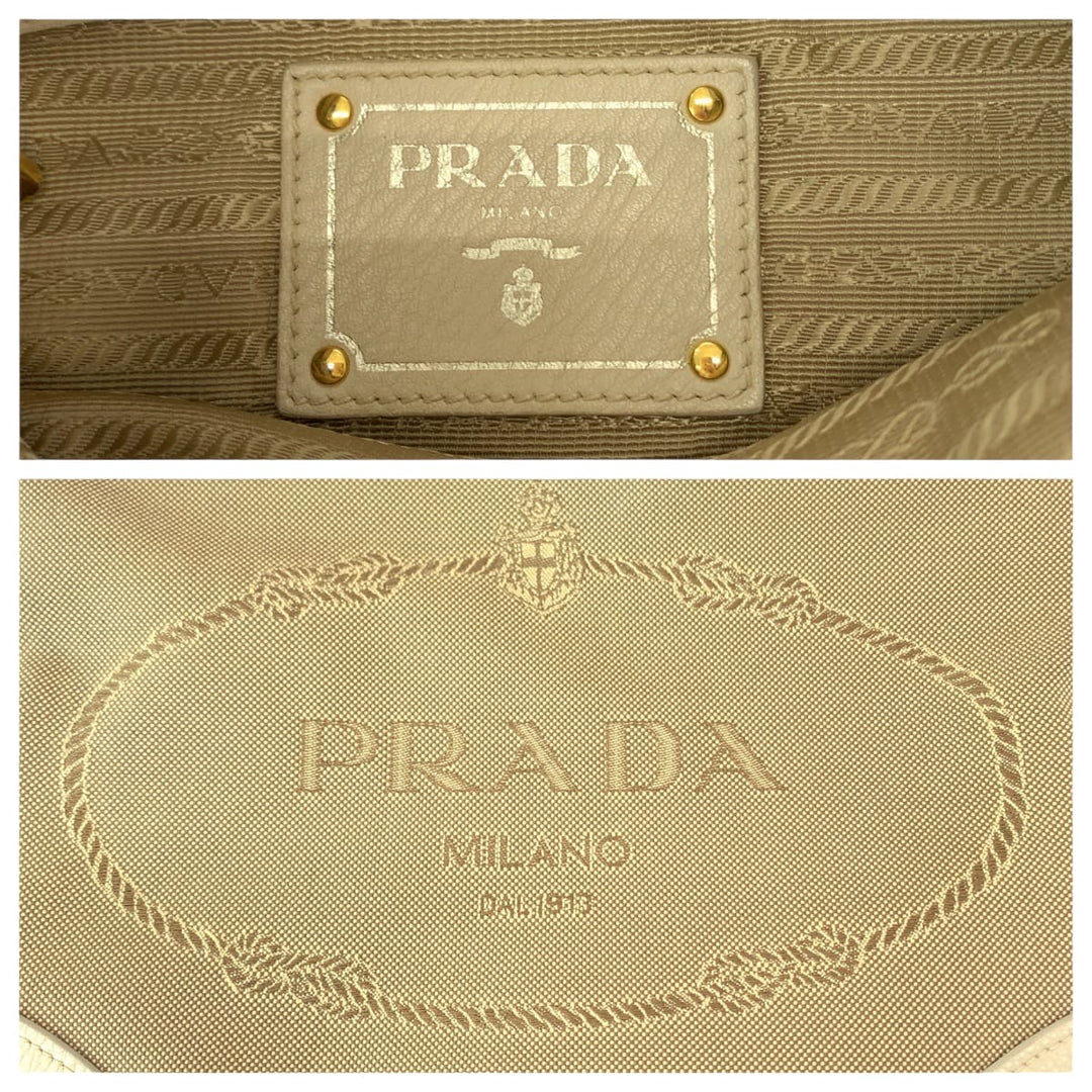 PRADA Shoulder Bag canvas Beige Ivory Gold Metal Shoulder Bag Messenger bag Logo jacquard Women Used Authentic