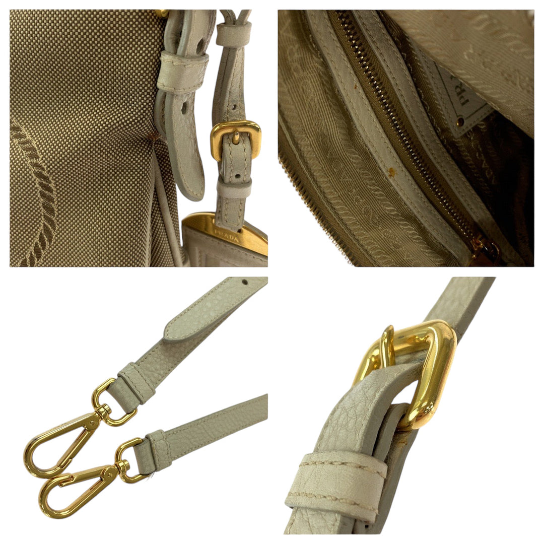PRADA Shoulder Bag canvas Beige Ivory Gold Metal Shoulder Bag Messenger bag Logo jacquard Women Used Authentic