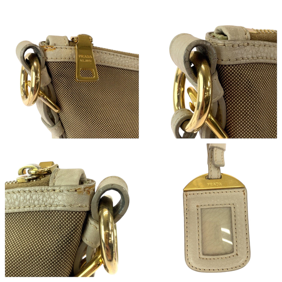 PRADA Shoulder Bag canvas Beige Ivory Gold Metal Shoulder Bag Messenger bag Logo jacquard Women Used Authentic