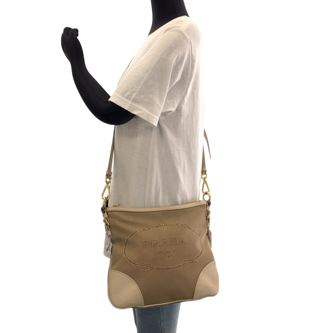 PRADA Shoulder Bag canvas Beige Ivory Gold Metal Shoulder Bag Messenger bag Logo jacquard Women Used Authentic